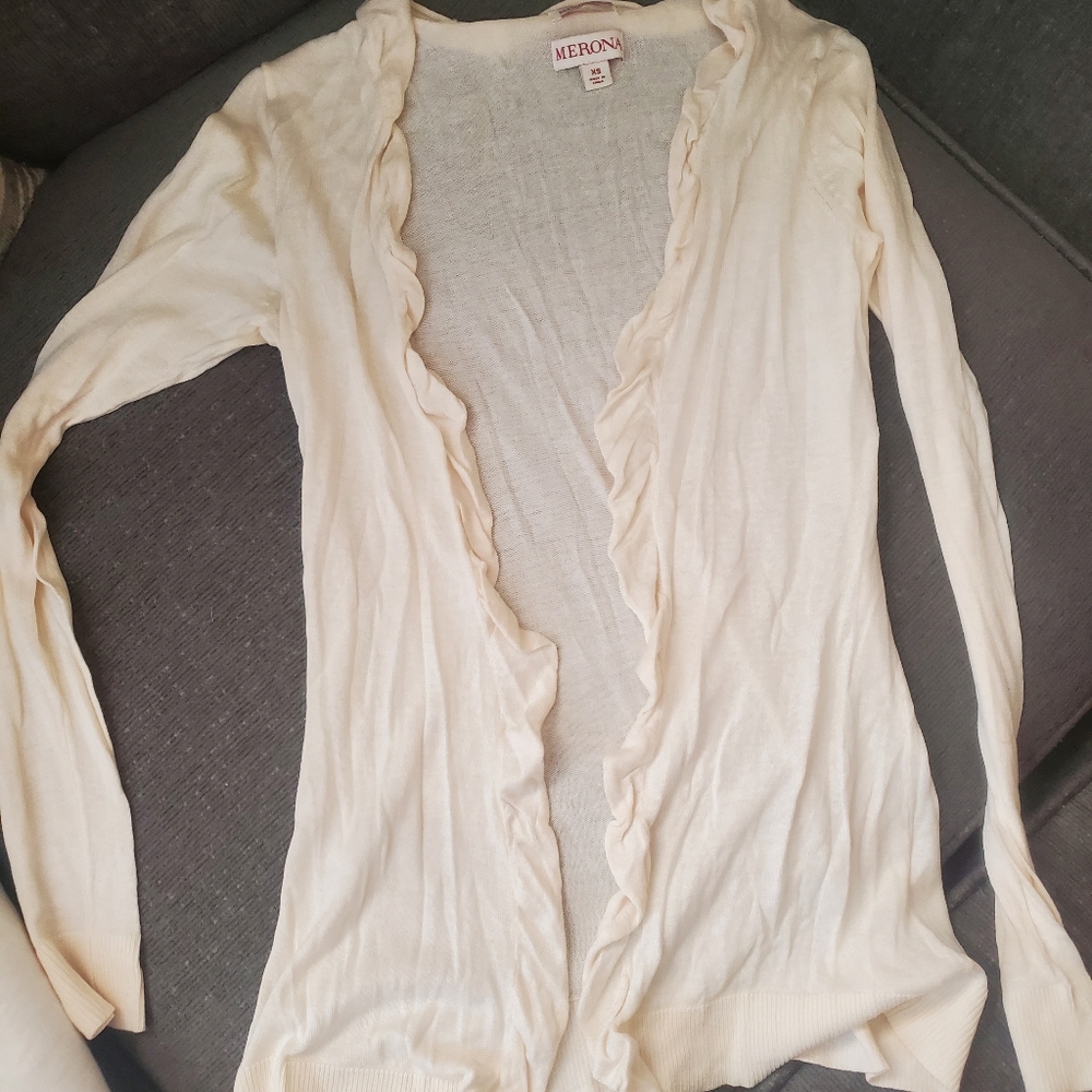 Silk Cotton Blend Long Sleeve Semi Sheer Cardigan with Ruffle Detail